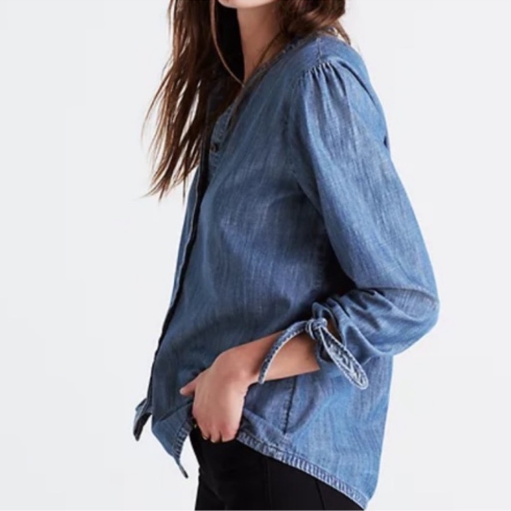 Madewell Denim Tie Sleeve Shirt Size Small Blue Buttondown
